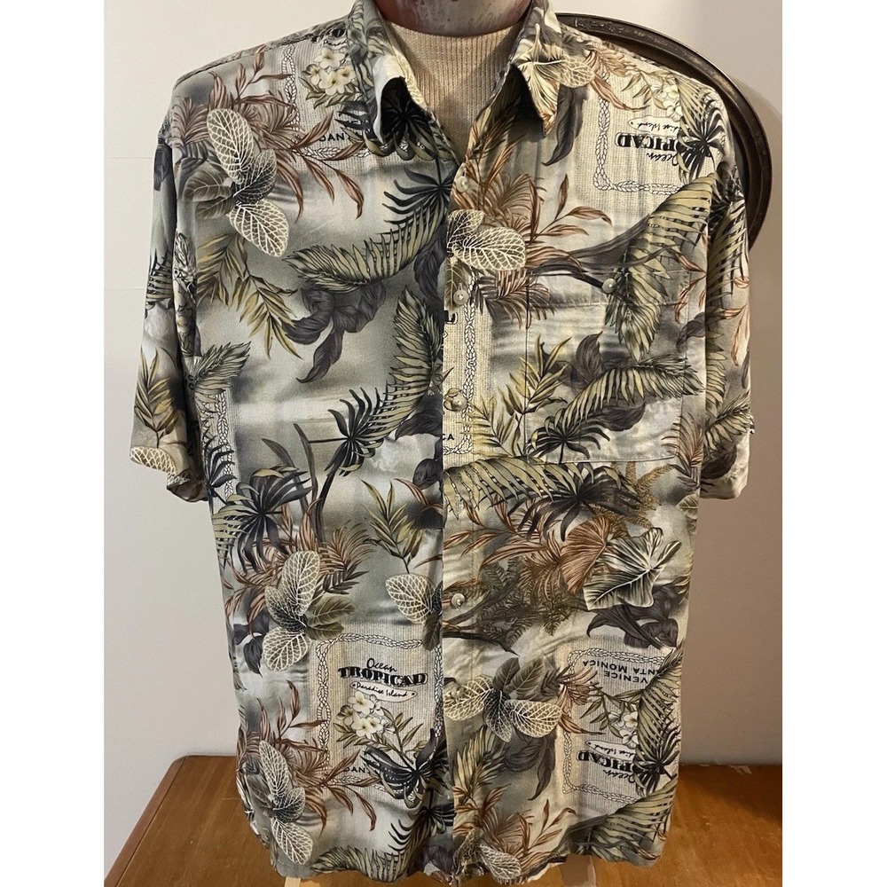 Vtg Campia Moda Tropicad Button-Up Green Tropical Leaf Print Hawaiian Shirt XL